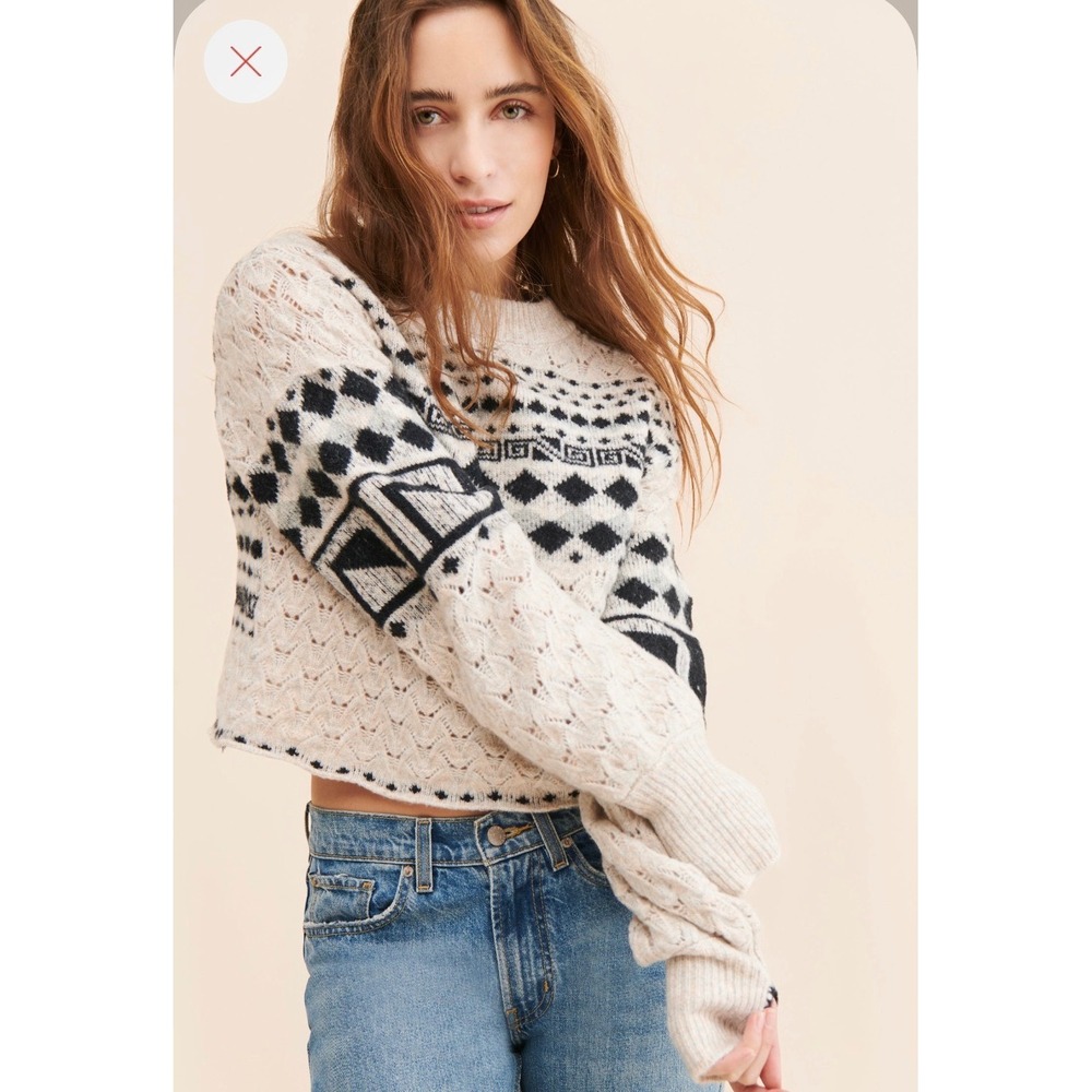Free People Harriet Knit Pullover Ivory Fair Isle Geometric Sweater Small
